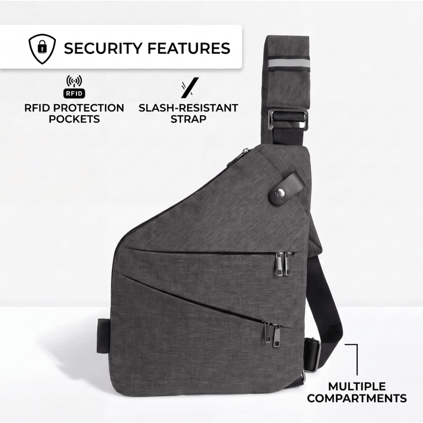 Grey sling crossbody bag showing multiple compartments and security features