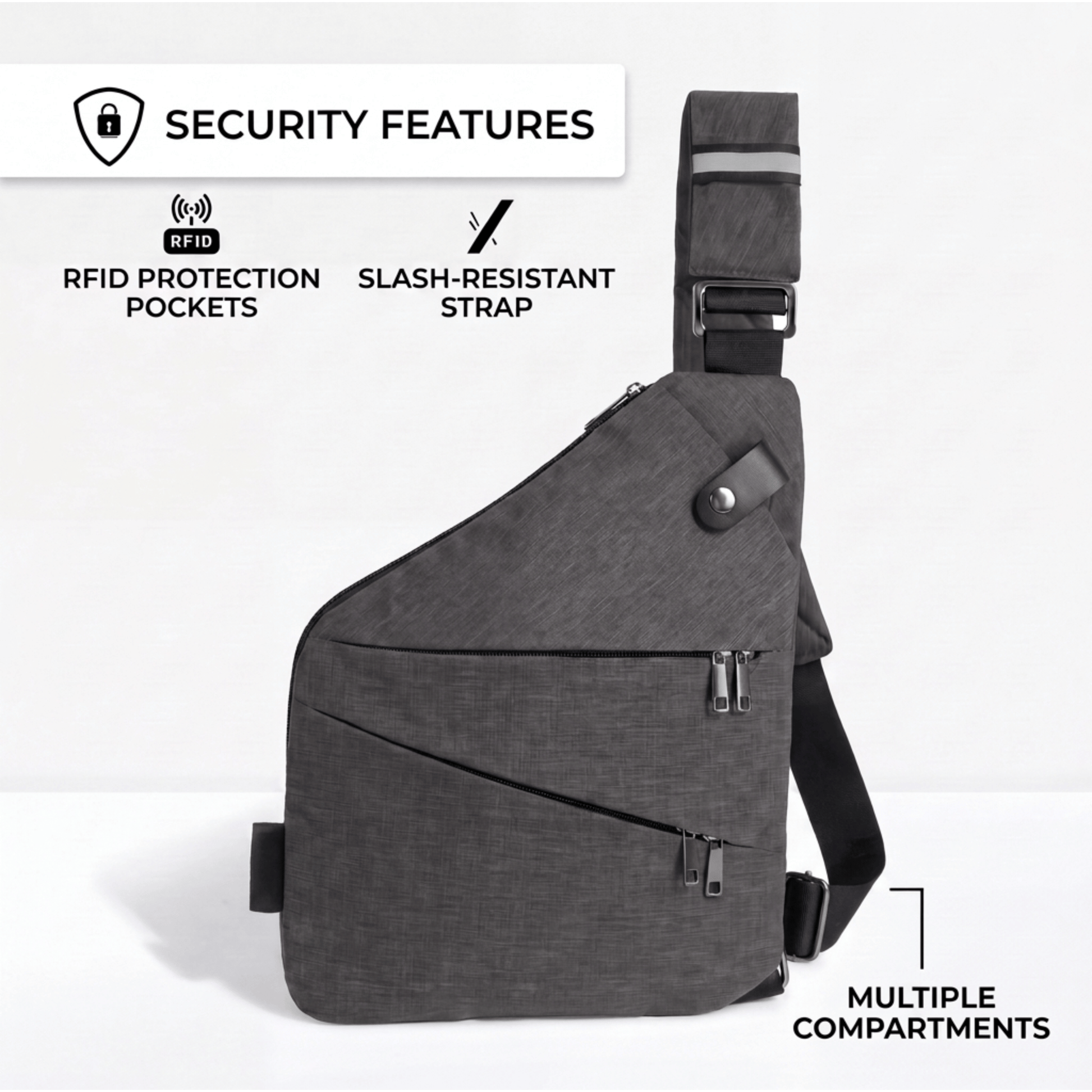 Grey sling crossbody bag showing multiple compartments and security features
