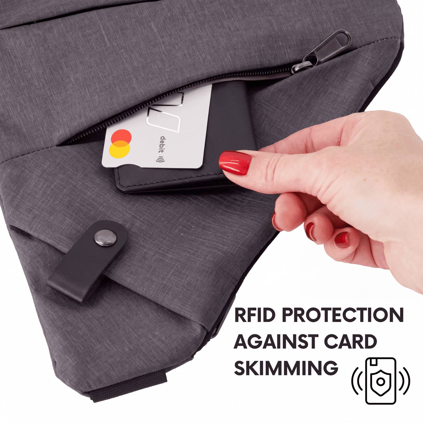 Grey crossbody bag with RFID-protection lining and zippered inner pocket