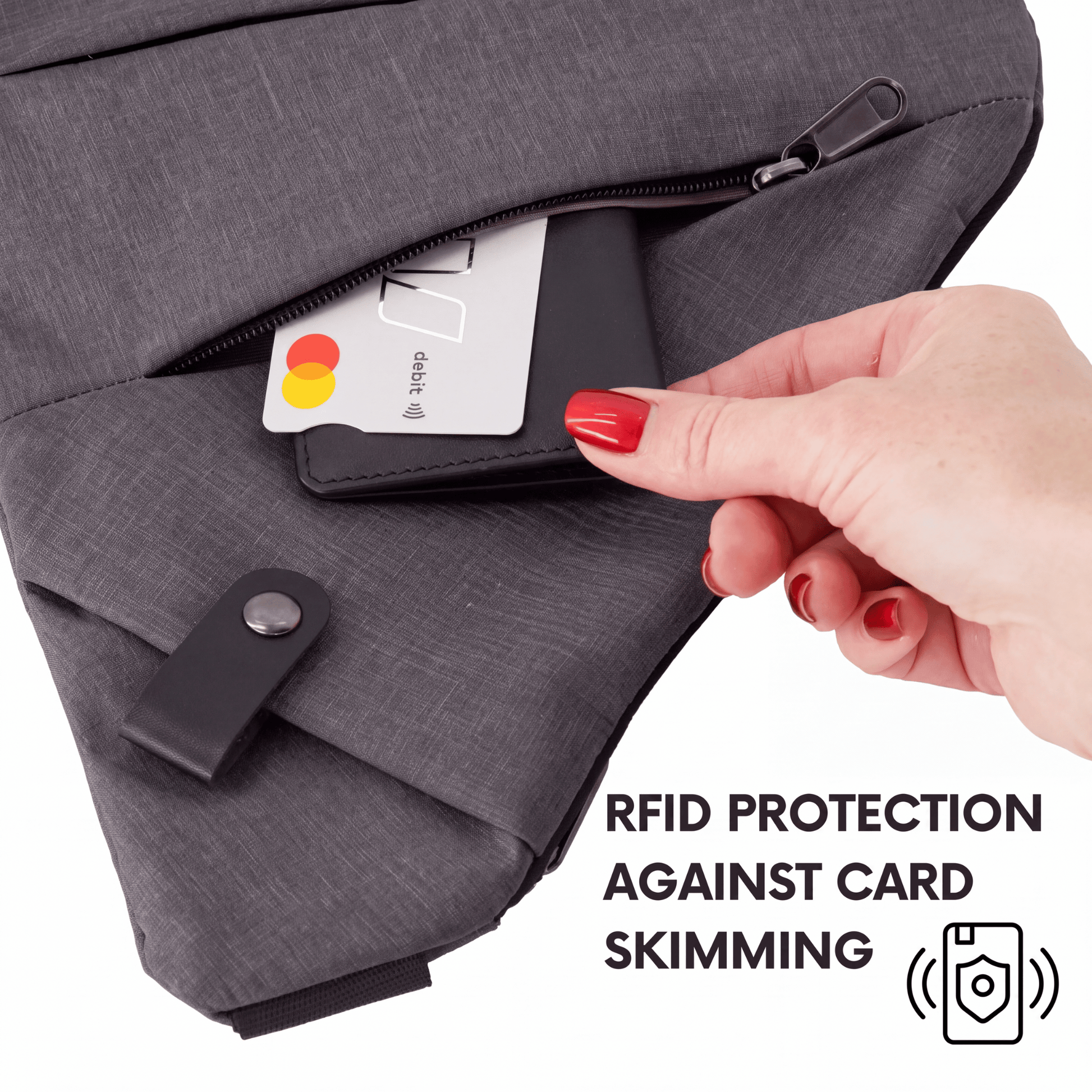 Grey crossbody bag with RFID-protection lining and zippered inner pocket