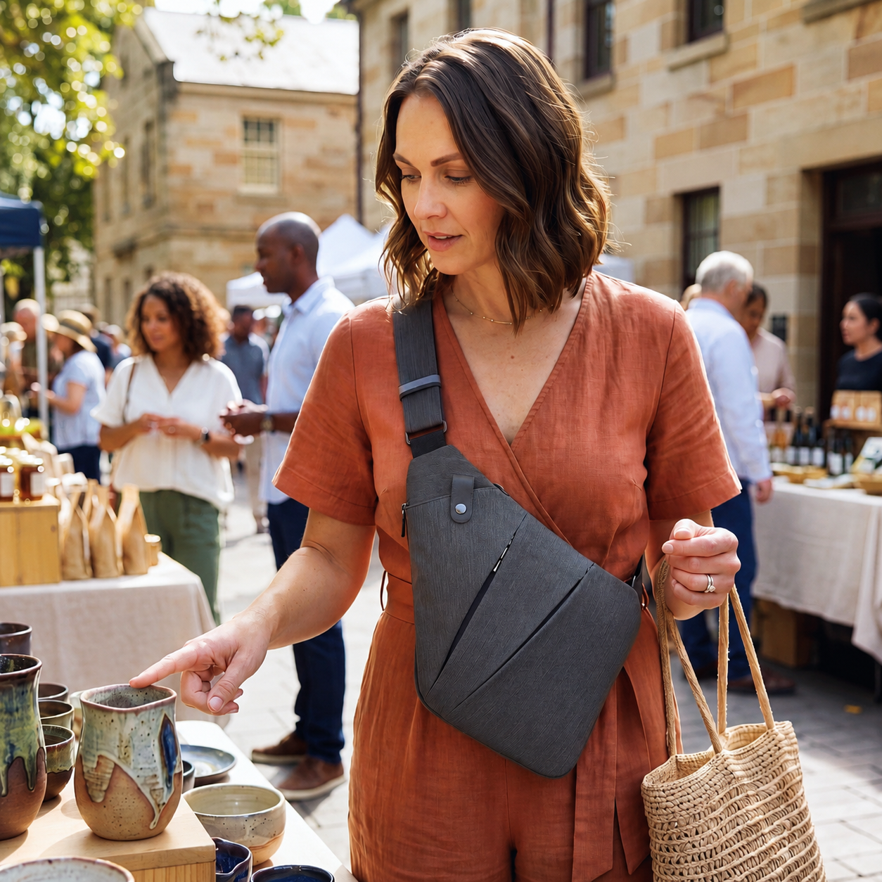 Grey anti-theft crossbody bag with front pocket and adjustable cross strap