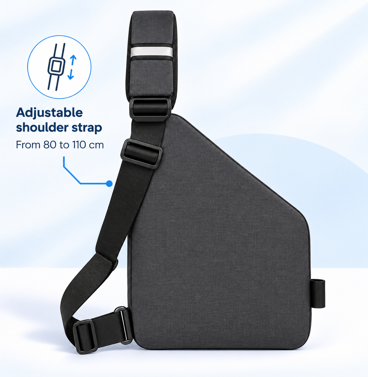 Grey crossbody sling bag with adjustable shoulder strap and side buckle strap