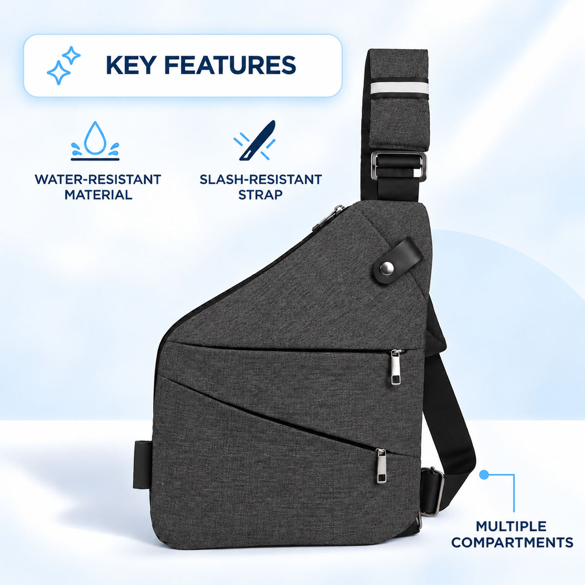 Grey crossbody sling bag with water-resistant, slash-resistant strap and multiple compartments