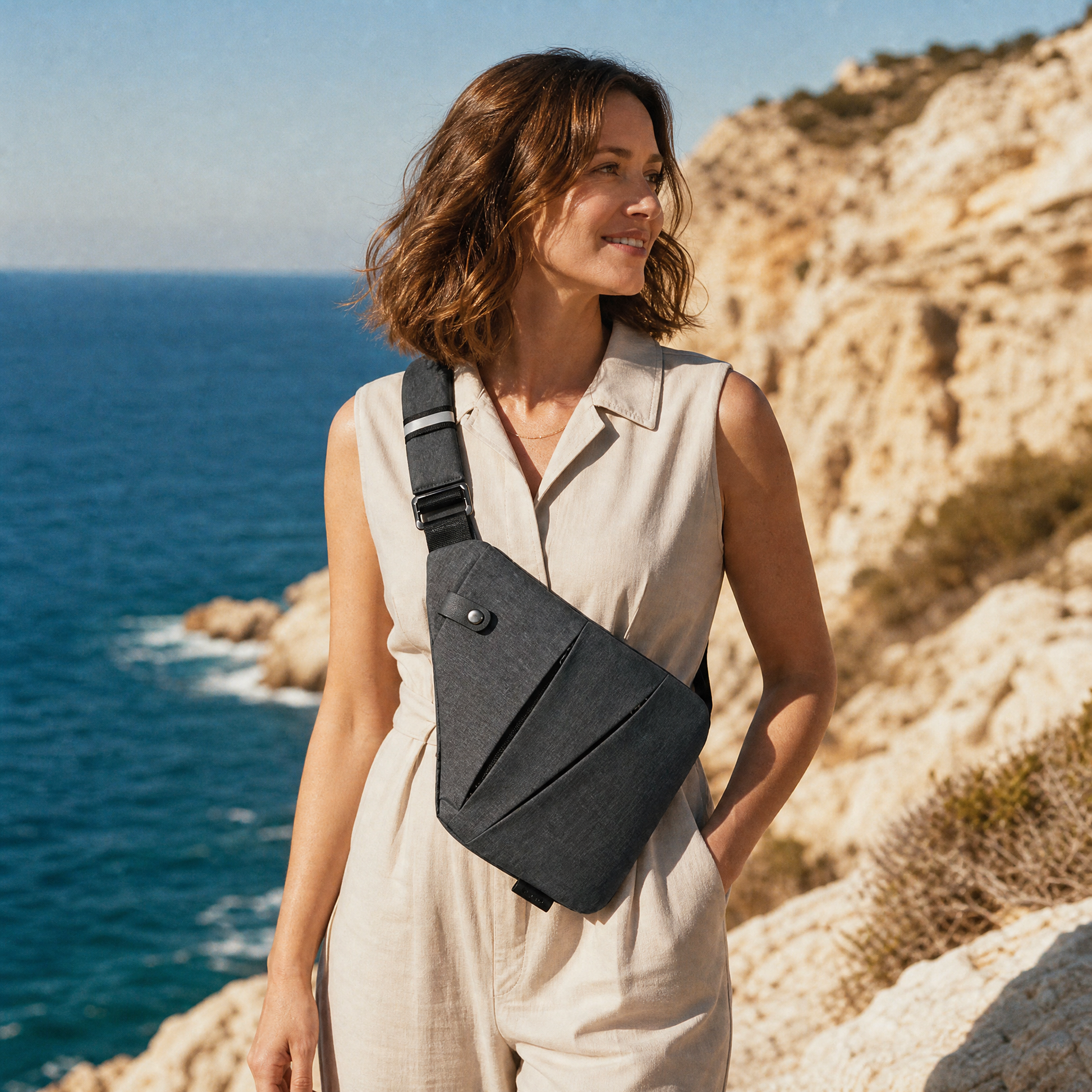 Grey sling-style crossbody bag with buckle strap and angled front pocket