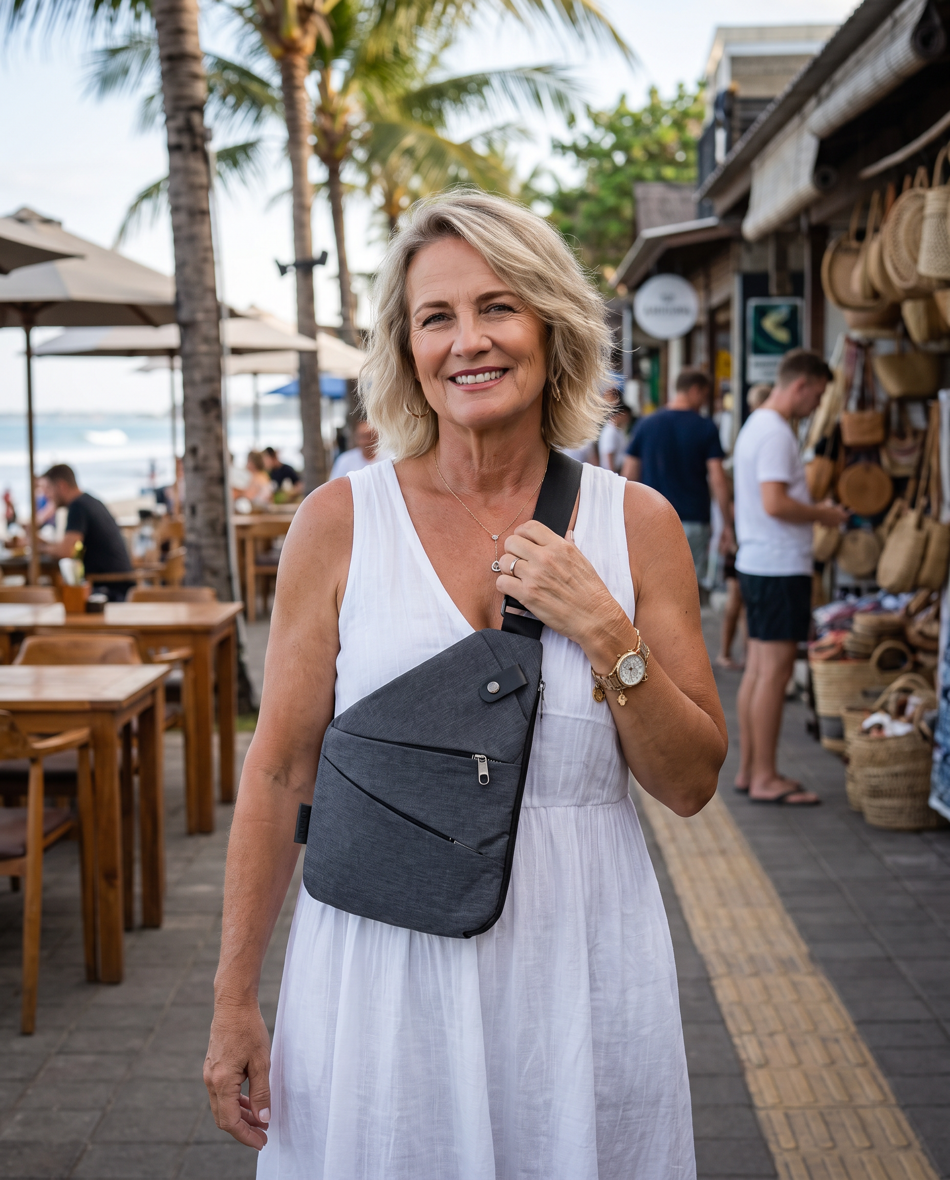 Grey crossbody bag with single front zip pocket and adjustable shoulder strap